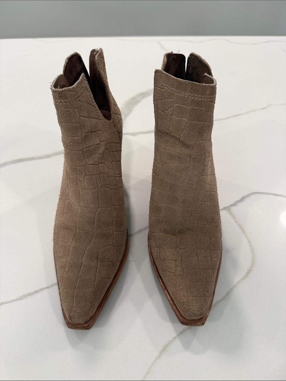 Vince Camuto Suede Croc-Embossed Pointed Toe Ankle Boot in Taupe